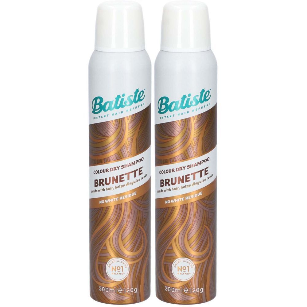 Deux flacons de shampooing sec Batiste Brunette. Inscription : Colour Dry Shampoo, Brunette, No White Residue.