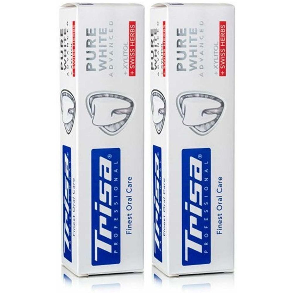 Deux tubes de dentifrice. Emballage blanc avec logo et texte bleus. Nom du produit : Pure White Advanced.