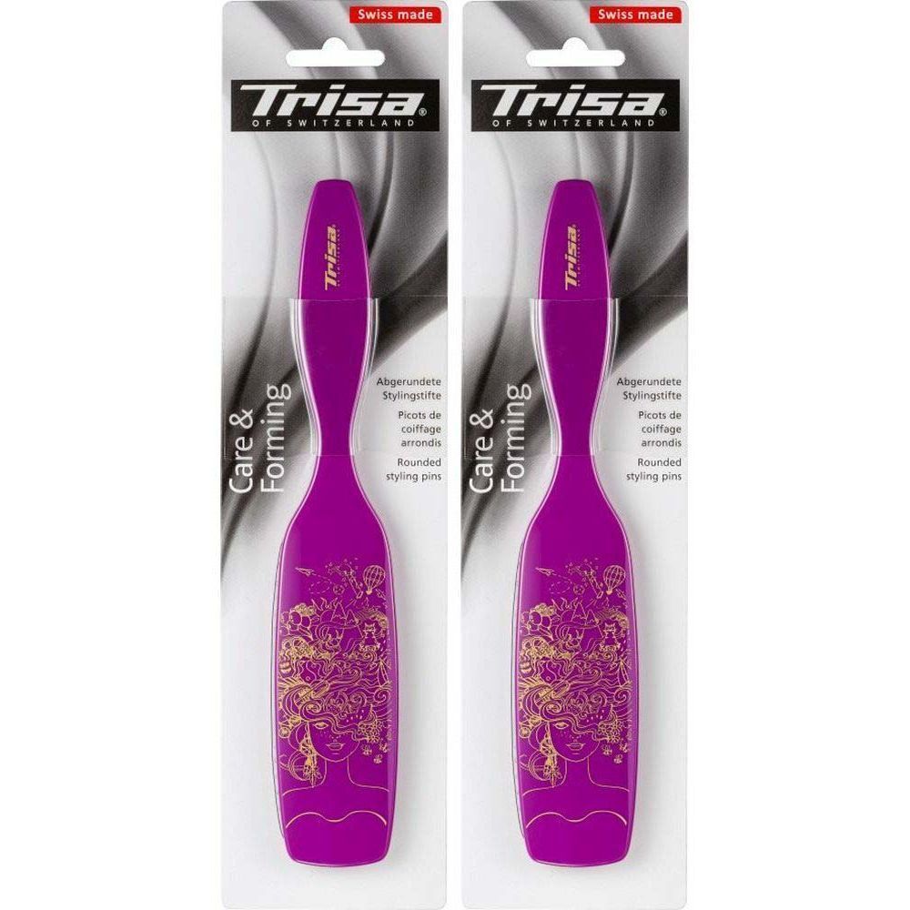 Deux brosses à cheveux violettes avec motif doré et inscription "Trisa". Emballées sous blister.