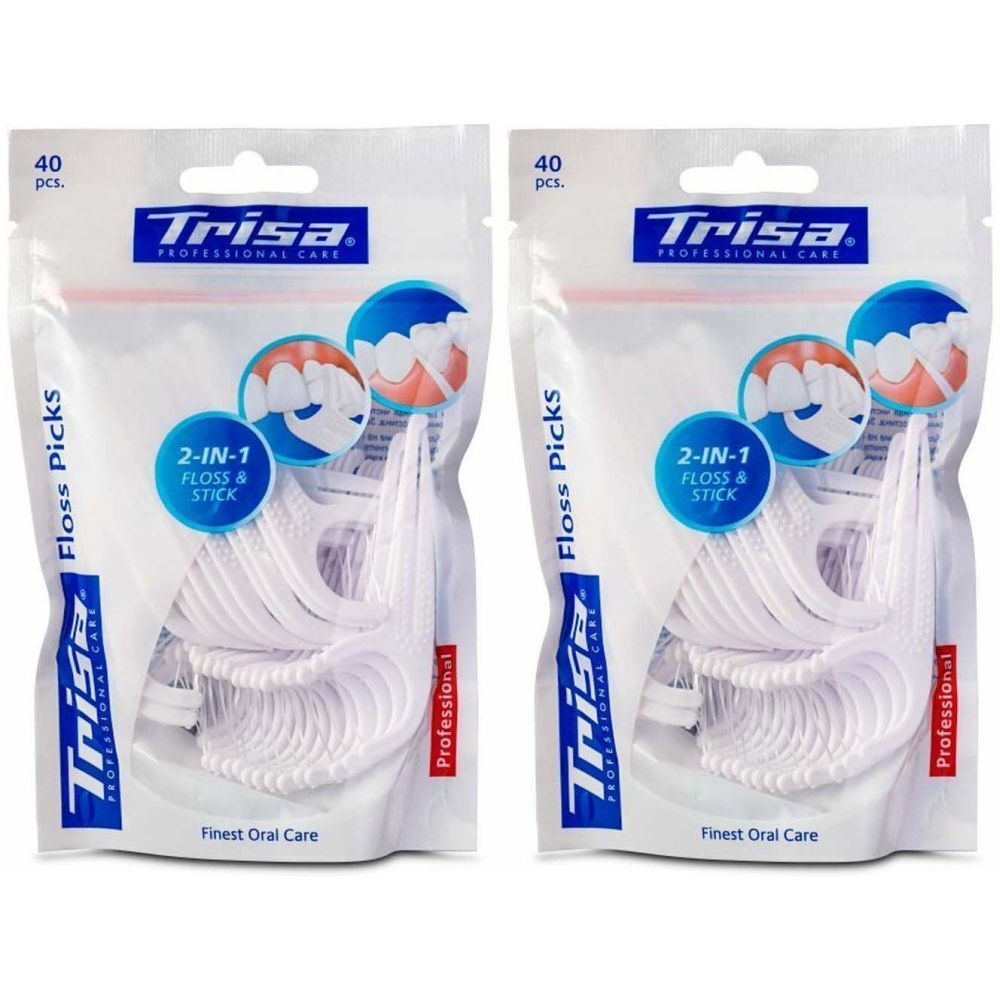 Deux paquets de bâtonnets de fil dentaire Trisa. Chaque paquet contient 40 pièces. Inscription : 2-en-1 Floss & Stick. Soin buccal professionnel.