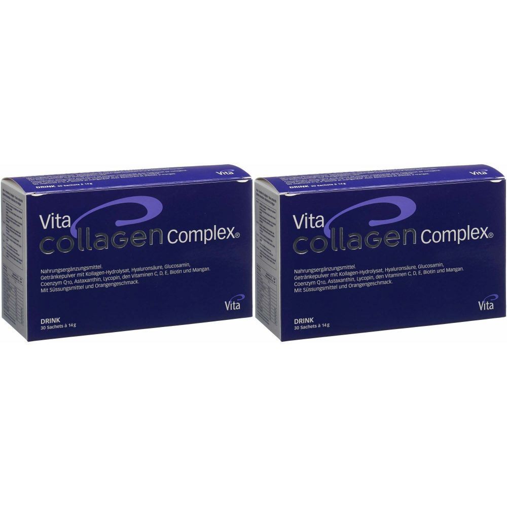 Deux boîtes bleues avec l'inscription "Vita Collagen Complex" en blanc. Petit logo en bas à droite.