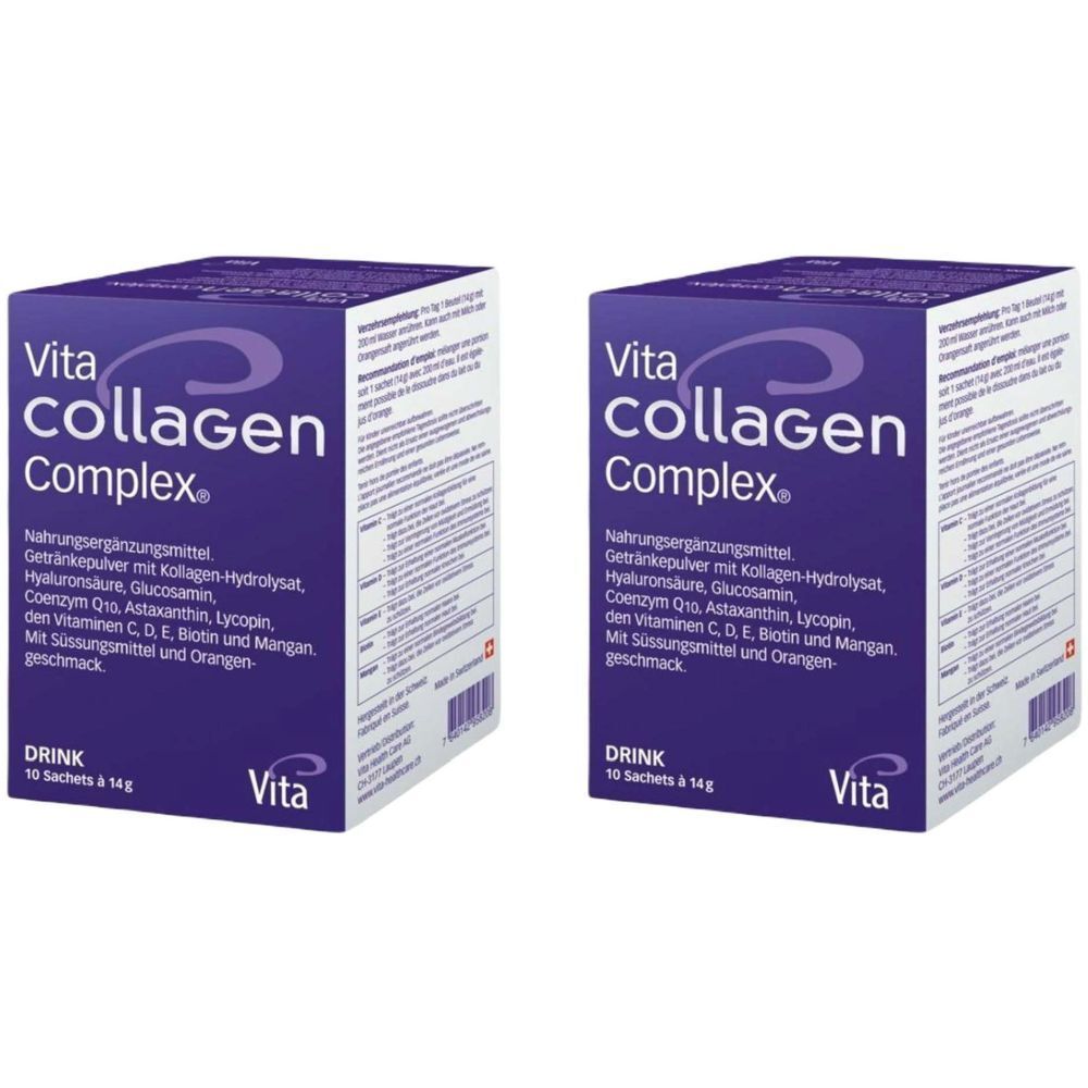 Deux boîtes de Vita Collagen Complex. Emballage violet avec texte blanc. Contient une poudre à boire avec vitamines et minéraux.