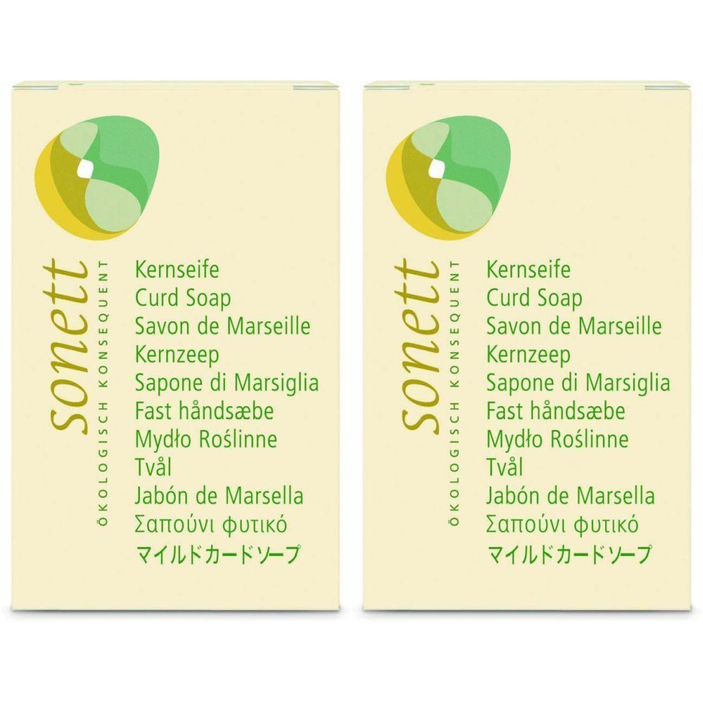 Deux emballages rectangulaires avec le logo sonett. Texte multilingue : Kernseife, Curd Soap, Savon de Marseille.