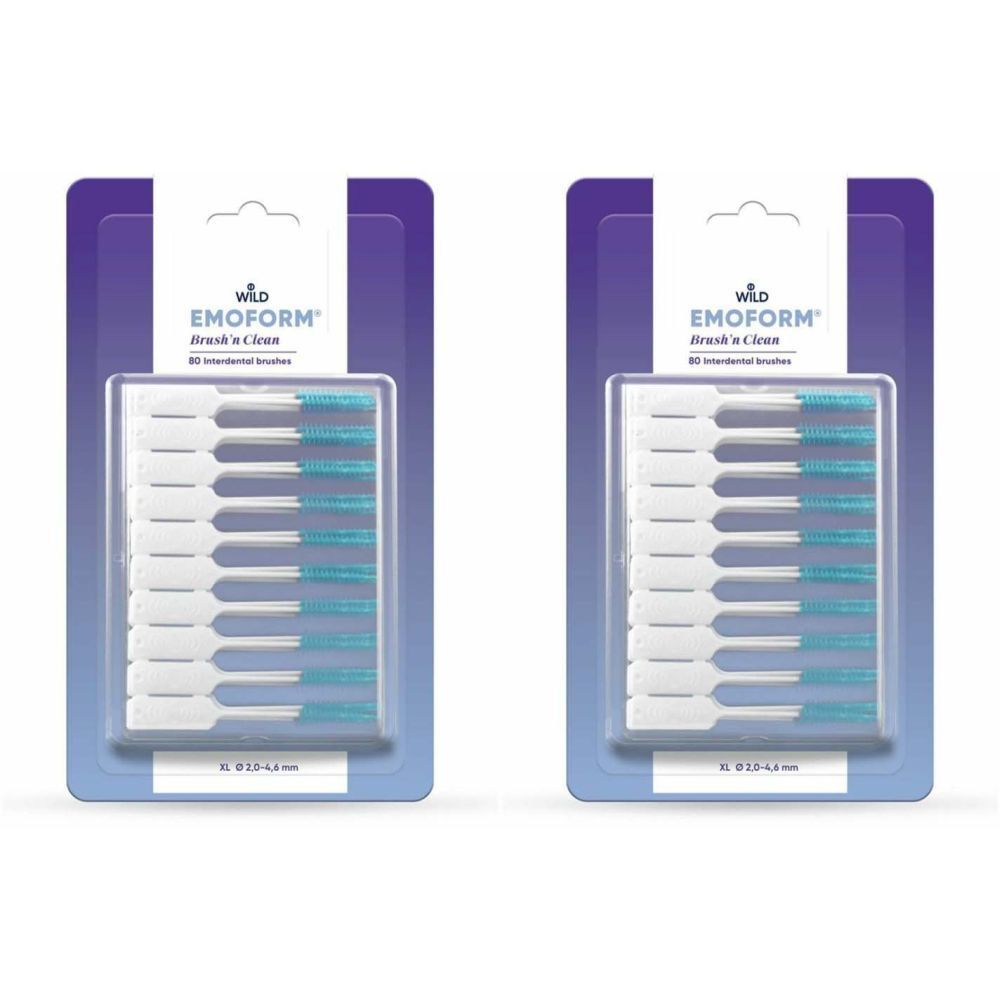 Deux paquets de brosses interdentaires. Inscription : EMOFORM Brush'n Clean. Soies bleues et blanches. XL 0,10-0,4 mm.