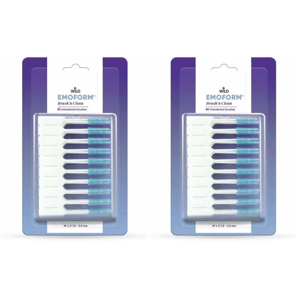 Deux paquets de brosses interdentaires EMOFORM Brush'n Clean. Chaque paquet contient des brosses avec des poils blancs et bleus.