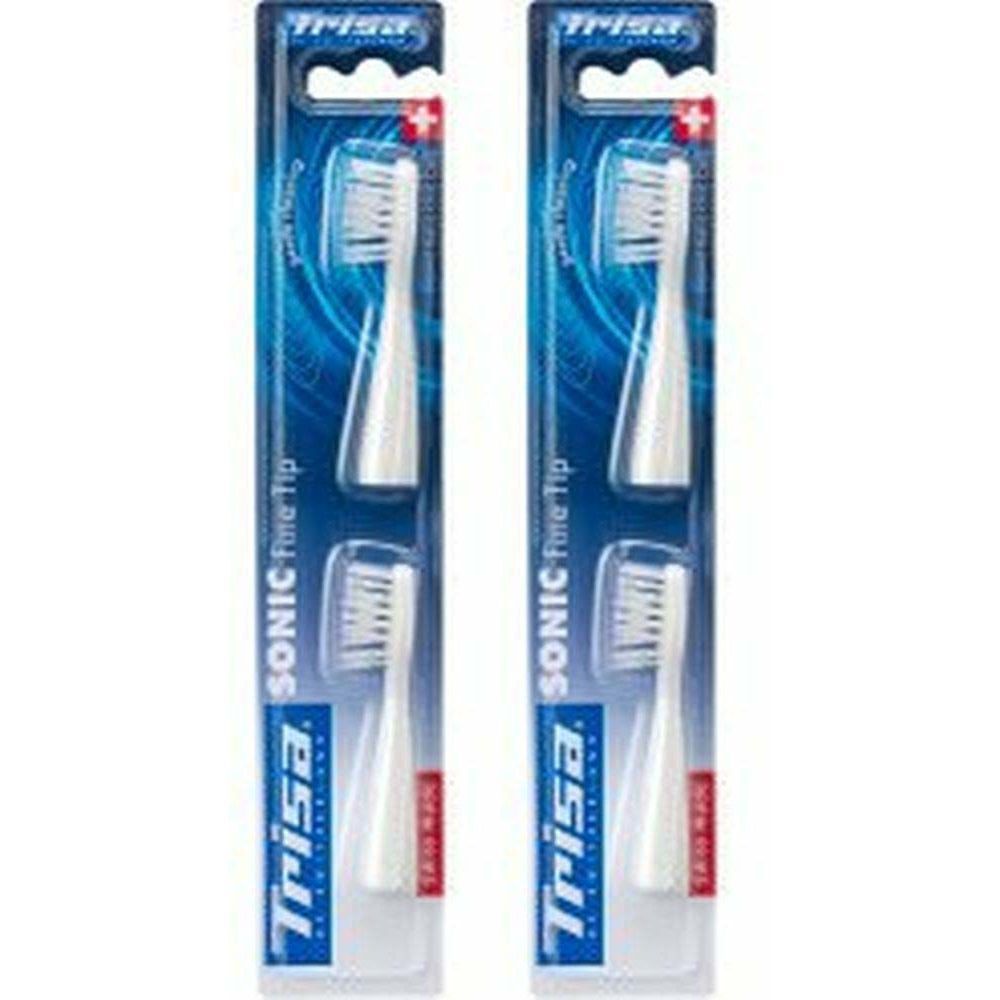 Deux paquets de brosses à dents Trisa Sonic Fine Tip. Chaque paquet contient deux têtes de brosse. Soies blanches, emballage bleu.