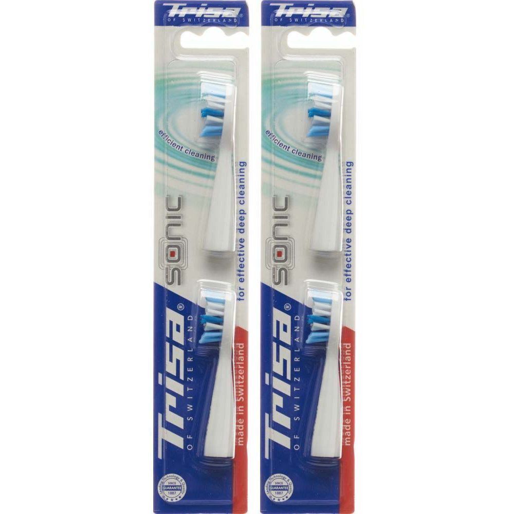 Deux brosses à dents Trisa Sonic Pro Clean dans leur emballage. Têtes de brosse blanches avec des poils bleus. Marque et nom du produit visibles.