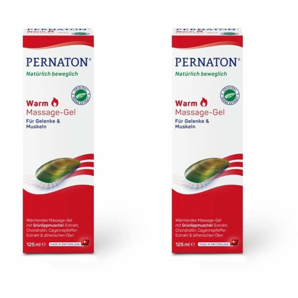 Deux boîtes identiques de PERNATON Warm Massage-Gel. Blanc et rouge, avec informations produit et logo. Extrait de moule aux lèvres vertes.