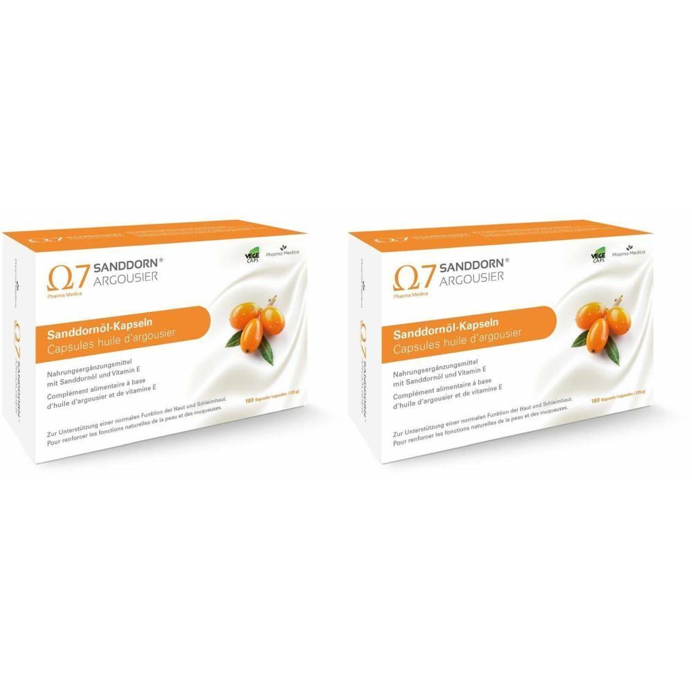 Deux boîtes de gélules Sanddorn Argousier Omega 7. Texte orange sur fond blanc. Illustration de baies.