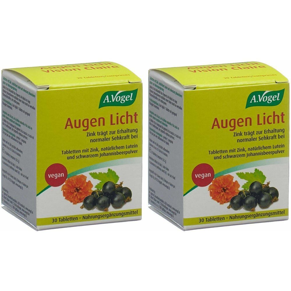 Deux boîtes A. Vogel Augen Licht. Emballage jaune avec nom du produit et informations. Label vegan et illustration de fruits.