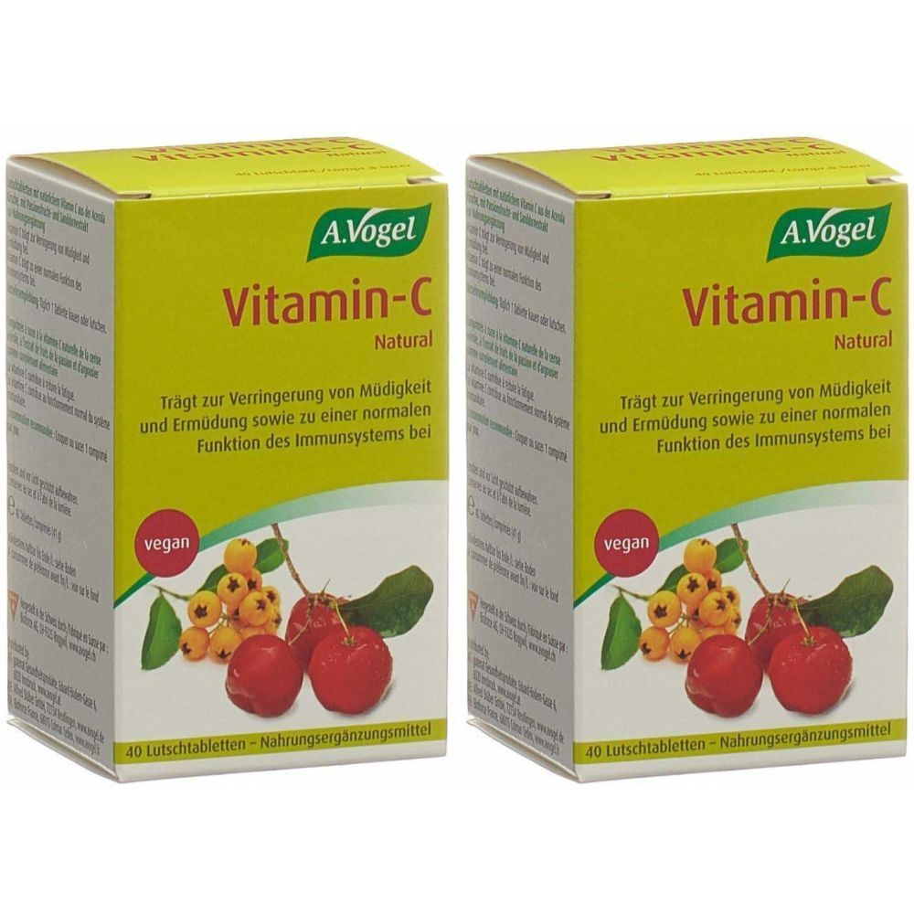 Deux boîtes de A.Vogel Vitamin-C Natural. Emballage jaune avec nom du produit et illustrations de fruits. Label vegan.