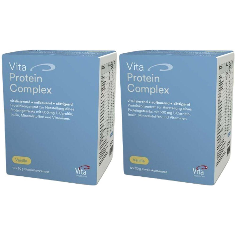 Deux boîtes de Vita Protein Complex. Emballage bleu avec nom du produit et informations. Saveur vanille.
