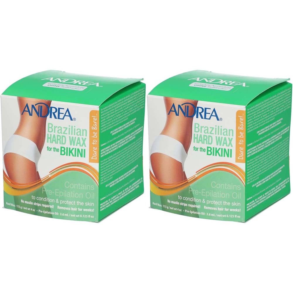 Deux boîtes vertes "ANDREA Brazilian HARD WAX for the BIKINI". Contient de l'huile de pré-épilation. Image d'une femme en bikini.