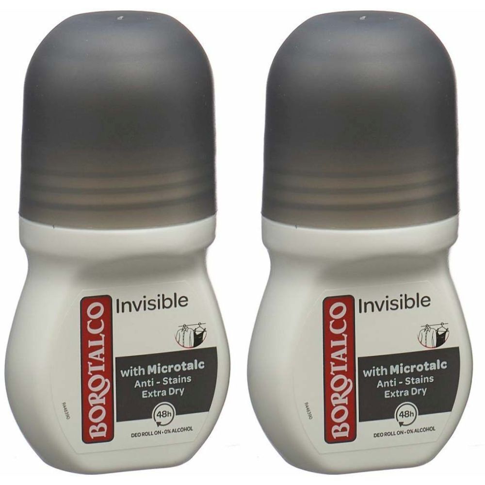 Deux déodorants roll-on. Flacons blancs avec bouchons gris. Inscription BOROTALCO, Invisible, avec Microtalc, Anti-taches, Extra Dry. 48h.