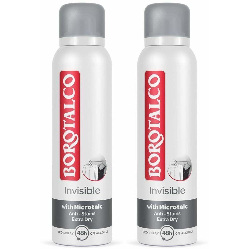 Deux déodorants blancs avec bouchons gris. Inscription BOROTALCO, Invisible, avec Microtalc, Anti-taches, Extra Dry. 48h.