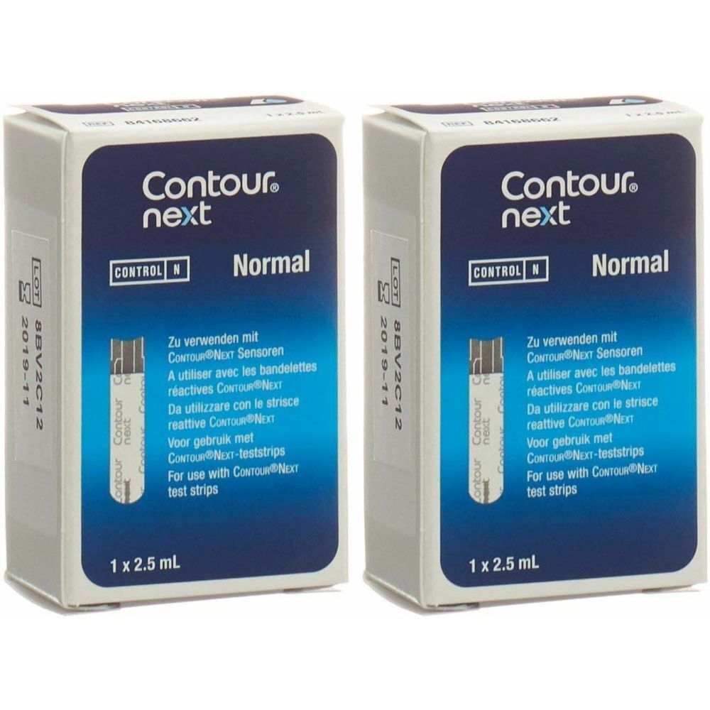 Deux boîtes de solution de contrôle CONTOUR® next normal. Boîtes blanches avec un champ bleu et des informations sur le produit. Inscription : CONTROL N.