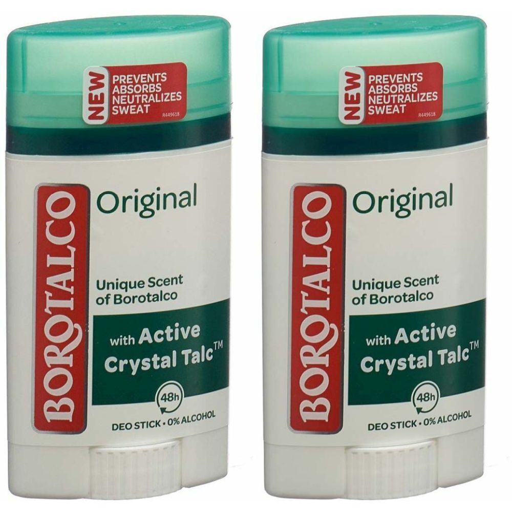 Deux sticks déodorants. Capuchon vert. Inscription: BOROTALCO, Original, avec Active Crystal Talc. 48h, 0% alcool.