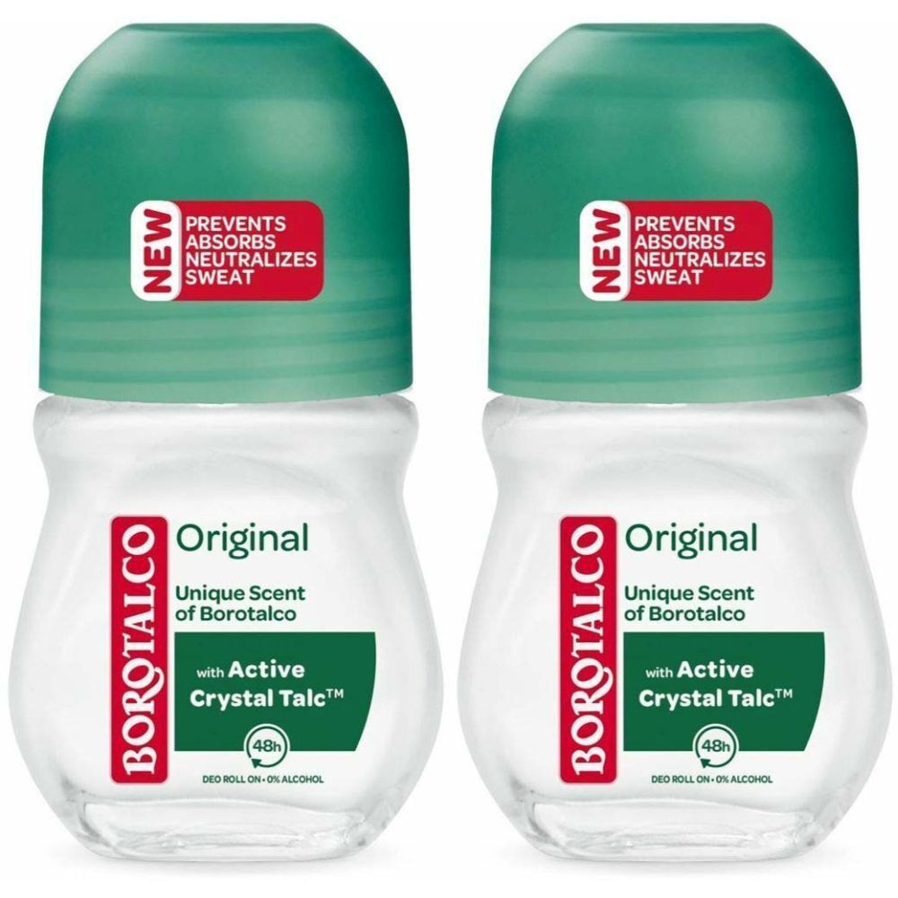 Deux déodorants roll-on. Flacons blancs avec bouchons verts. Inscription : BOROTALCO, Original, Active Crystal Talc.