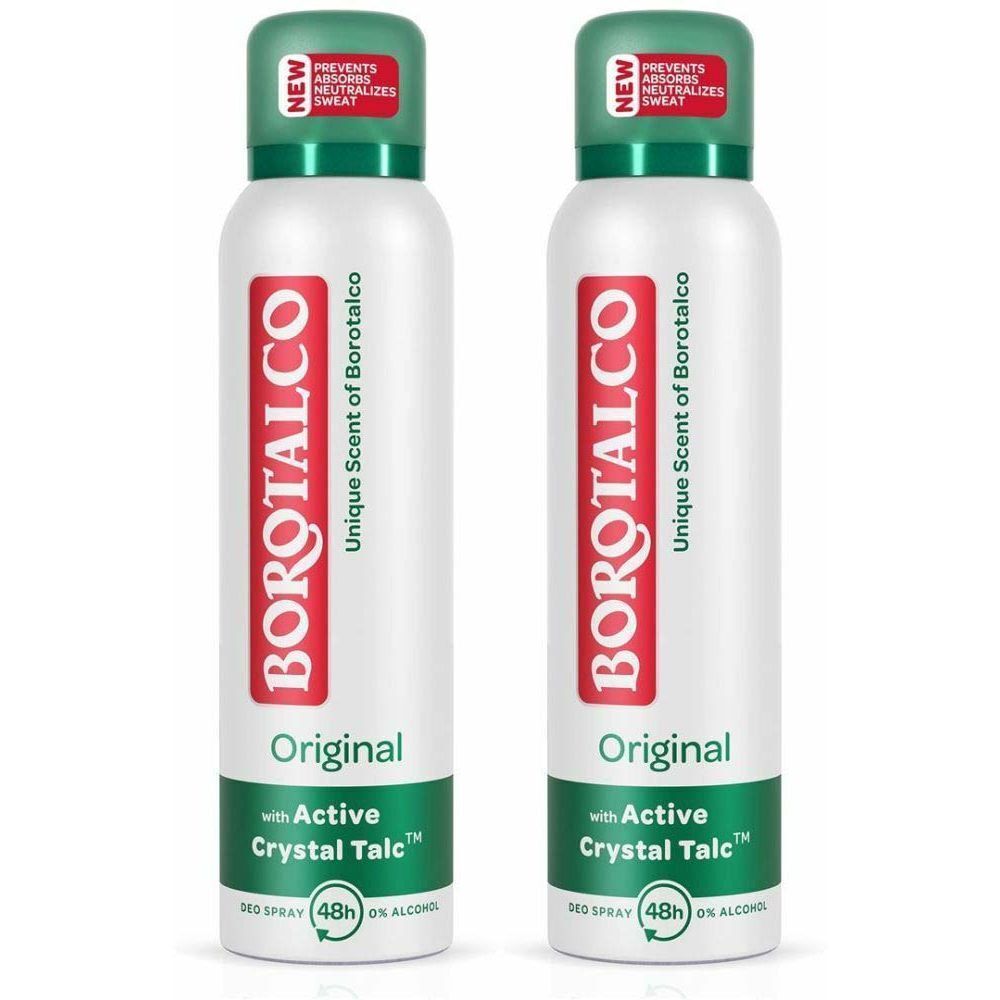 Deux déodorants spray blancs avec des détails verts et rouges. Inscription: BOROTALCO, Original, Active Crystal Talc. Protection 48h.