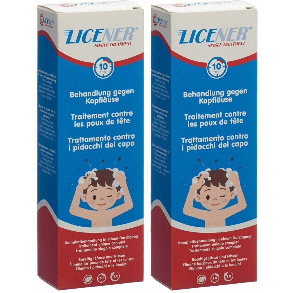 Deux boîtes avec impression du produit. Face avant bleue avec texte: Traitement contre les poux de tête. Enfant avec mousse sur la tête.
