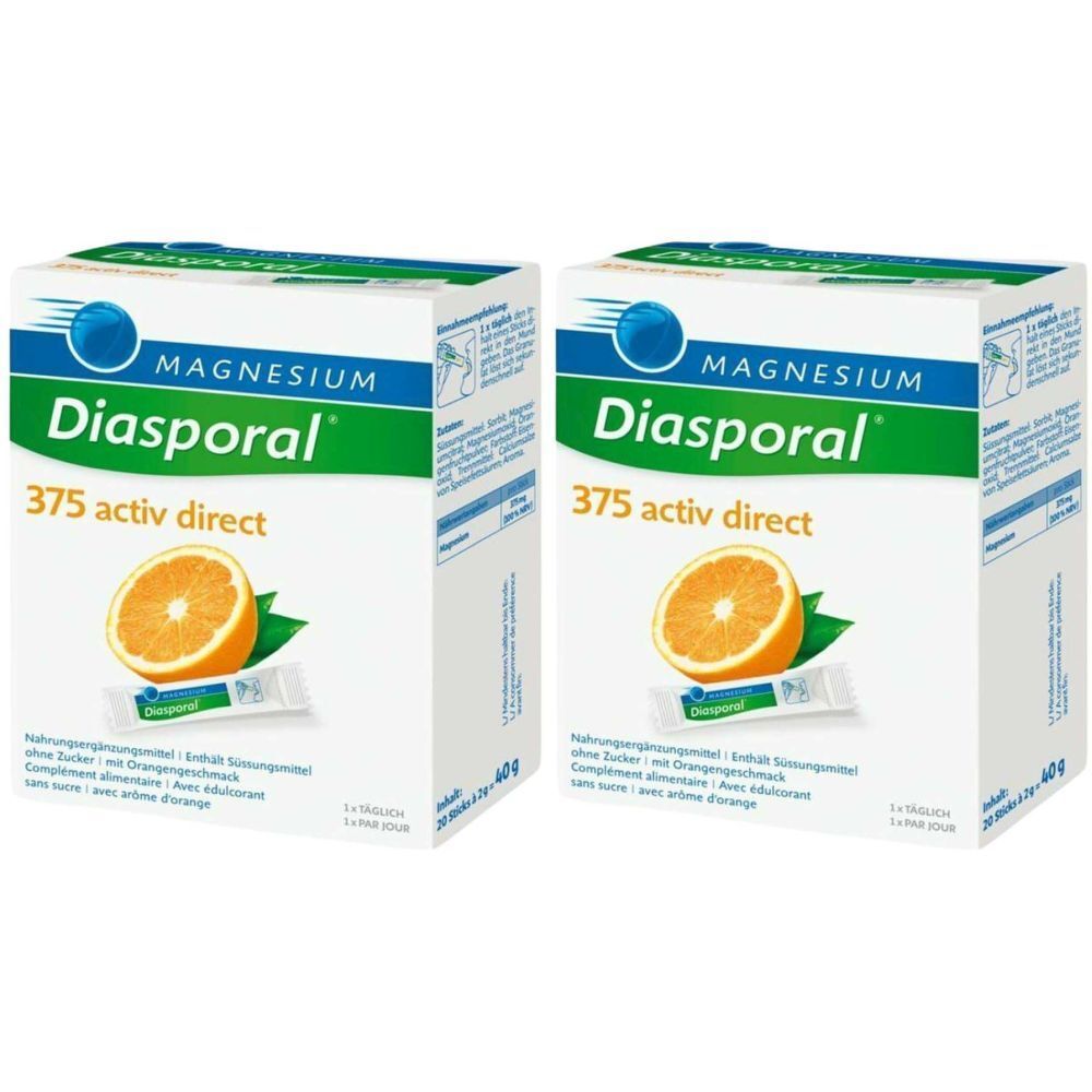 Deux boîtes de Magnesium Diasporal 375 activ direct. Boîtes blanches avec des accents verts et bleus. Une orange est représentée.