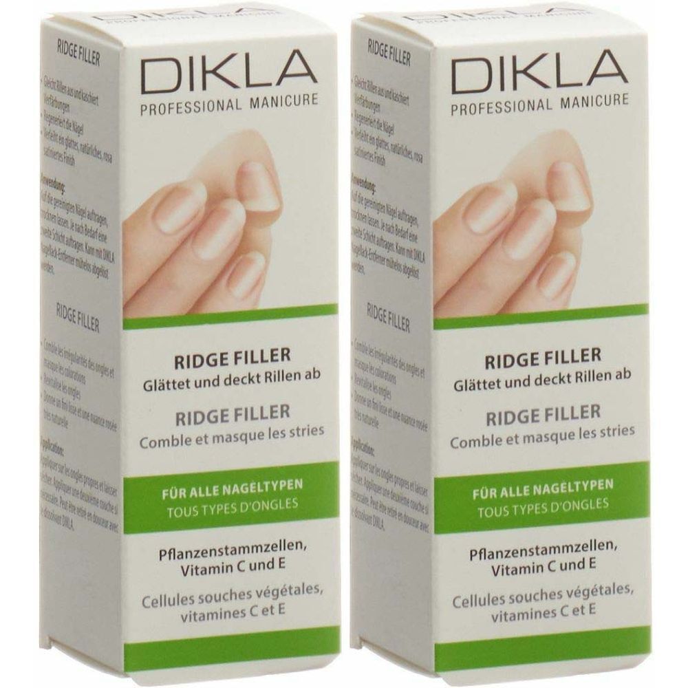 Deux boîtes de DIKLA Ridge Filler. Inscription: Professional Manicure. Nom du produit et description en allemand et français. Pour tous types d'ongles.