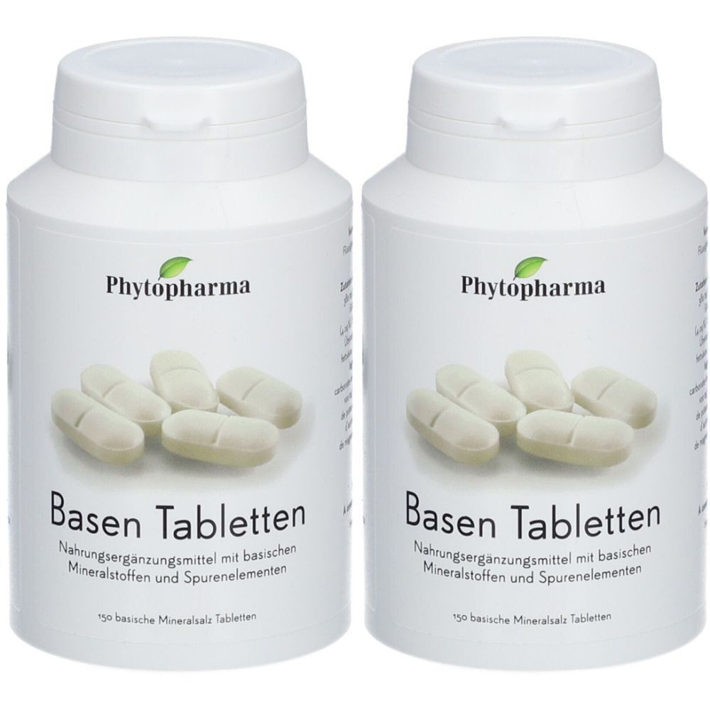 Deux flacons blancs avec des comprimés. Inscription : Phytopharma, Basen Tabletten. Complément alimentaire avec minéraux et oligo-éléments.