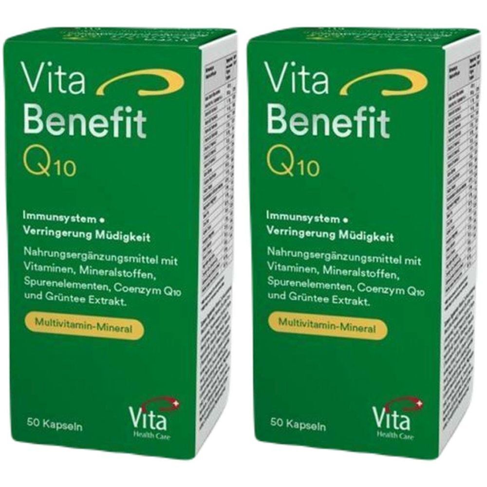 Deux boîtes vertes "Vita Benefit Q10". Texte: Système immunitaire, Réduction de la fatigue, Multivitamines-Minéraux. 50 gélules.