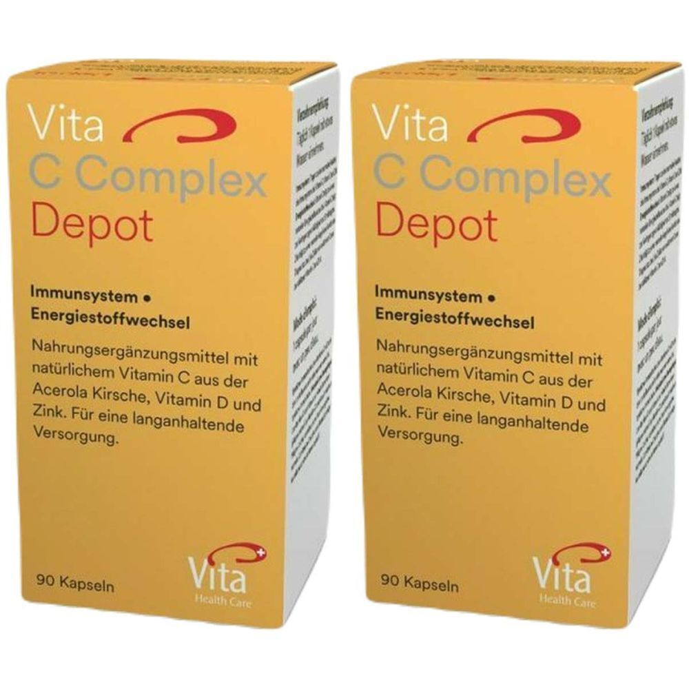Deux boîtes jaunes avec "Vita C Complex Depot". Contient des compléments alimentaires avec vitamine C, D et zinc. 90 gélules.