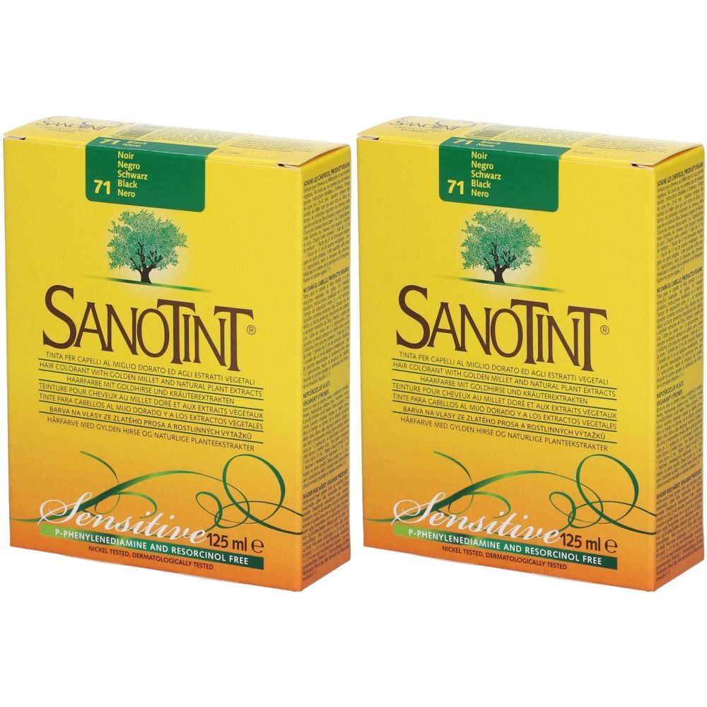 Deux boîtes jaunes SANOTINT Sensitive. Inscription: 71 Noir. Logo arbre. 125 ml.