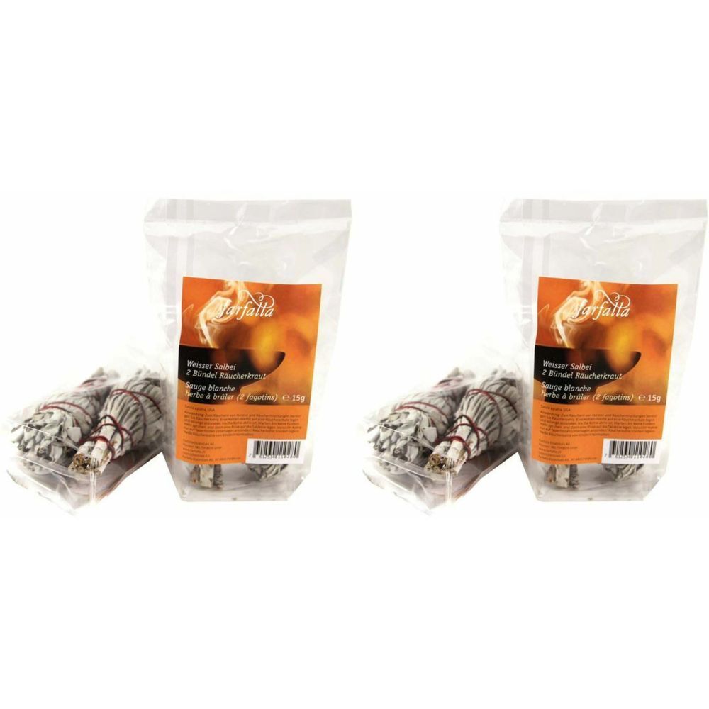 Deux paquets de sauge blanche, deux bottes chacun. Emballage transparent avec étiquette orange. Marque : farfalla.