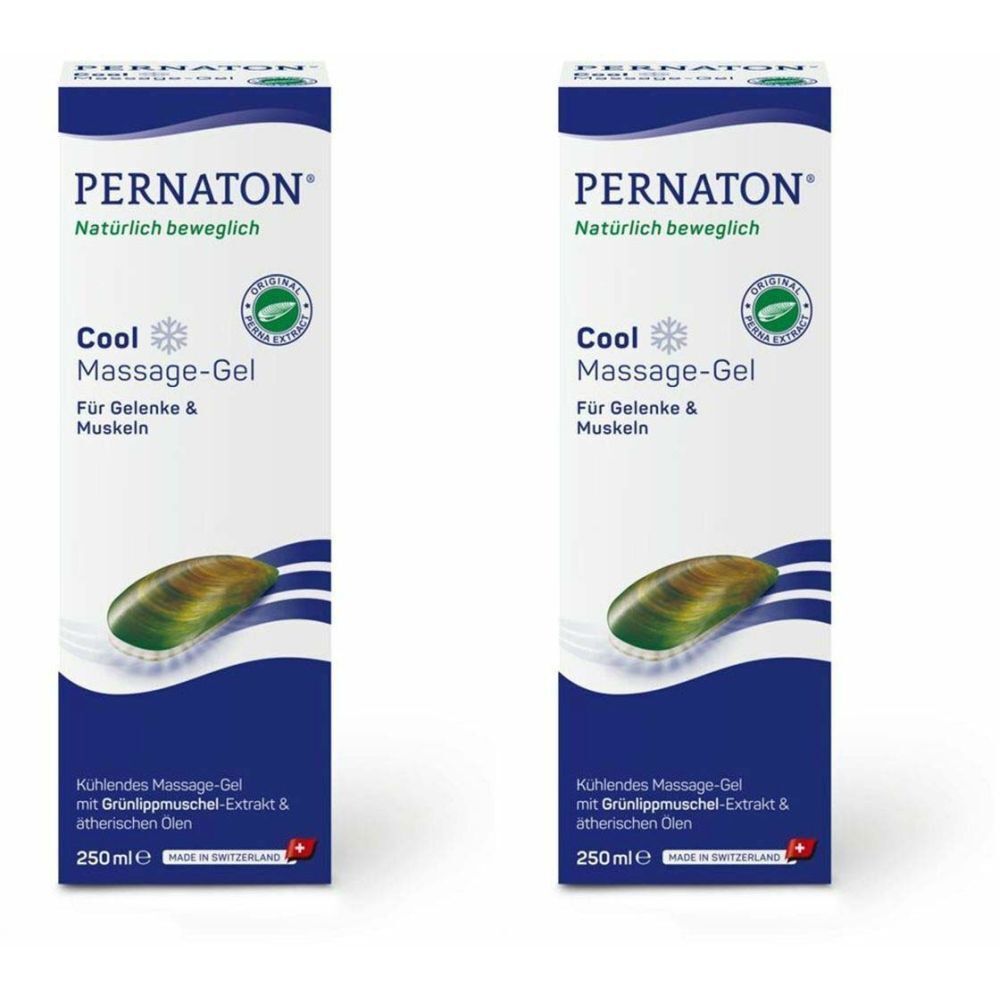 Deux boîtes avec des impressions de produits. Inscription : PERNATON, Cool Massage-Gel. Extrait de moules aux lèvres vertes. 250ml. Fabriqué en Suisse.