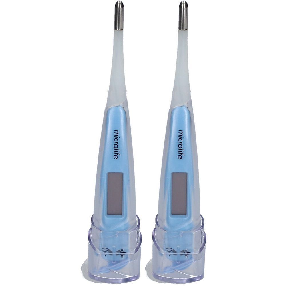 Deux thermomètres numériques bleus avec écrans. Marque Microlife. Dans des supports transparents.