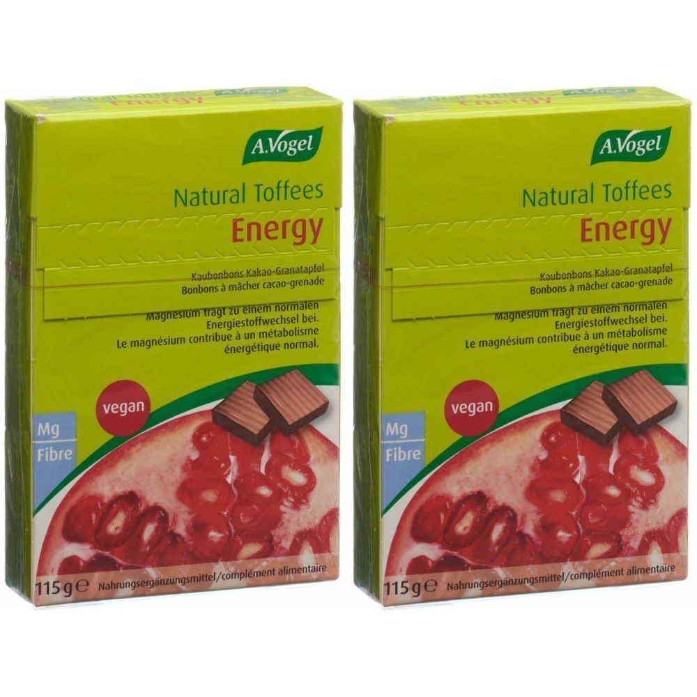 Deux boîtes de A.Vogel Natural Toffees Energy. Inscription : vegan, Mg Fibre, 115g. Image de grenade et morceaux de chocolat.