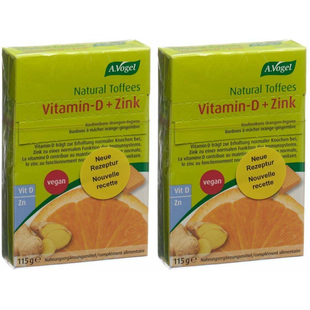 Deux boîtes vertes "A. Vogel Vitamin-D + Zink". Inscription "Natural Toffees". Image d'orange et gingembre. Vegan.