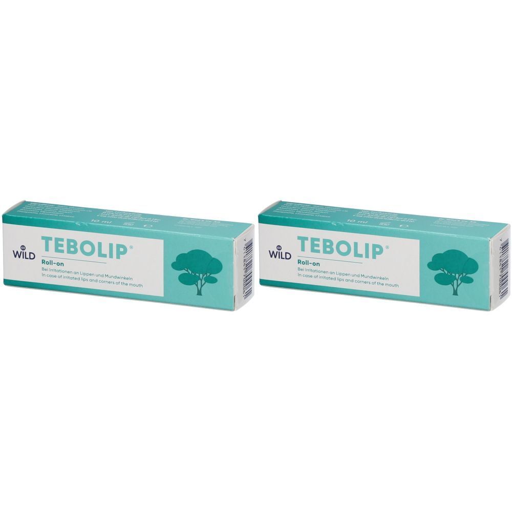 Deux boîtes rectangulaires. Inscription: TEBOLIP Roll-on. Vert turquoise avec logo arbre. Marque: WILD.