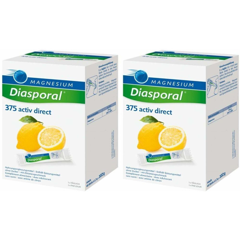 Deux boîtes de Magnesium Diasporal 375 activ direct. Impression: citron, nom du produit, logo. Bâtonnets individuels avec image.