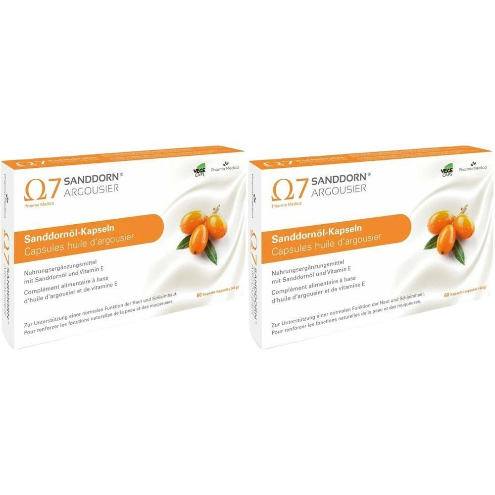 Deux boîtes de gélules d'huile d'argousier. Inscription : Omega 7, Sanddorn Argousier. Illustration de baies d'argousier.