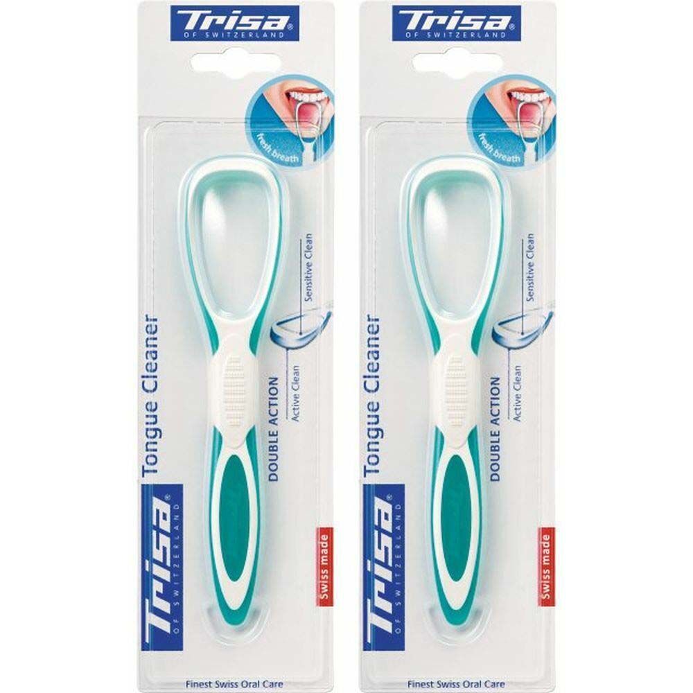 Deux nettoie-langues en emballage blister. Blanc et turquoise, avec manche et surface de nettoyage. Marque : Trisa. Inscription : Tongue Cleaner, Double Action.