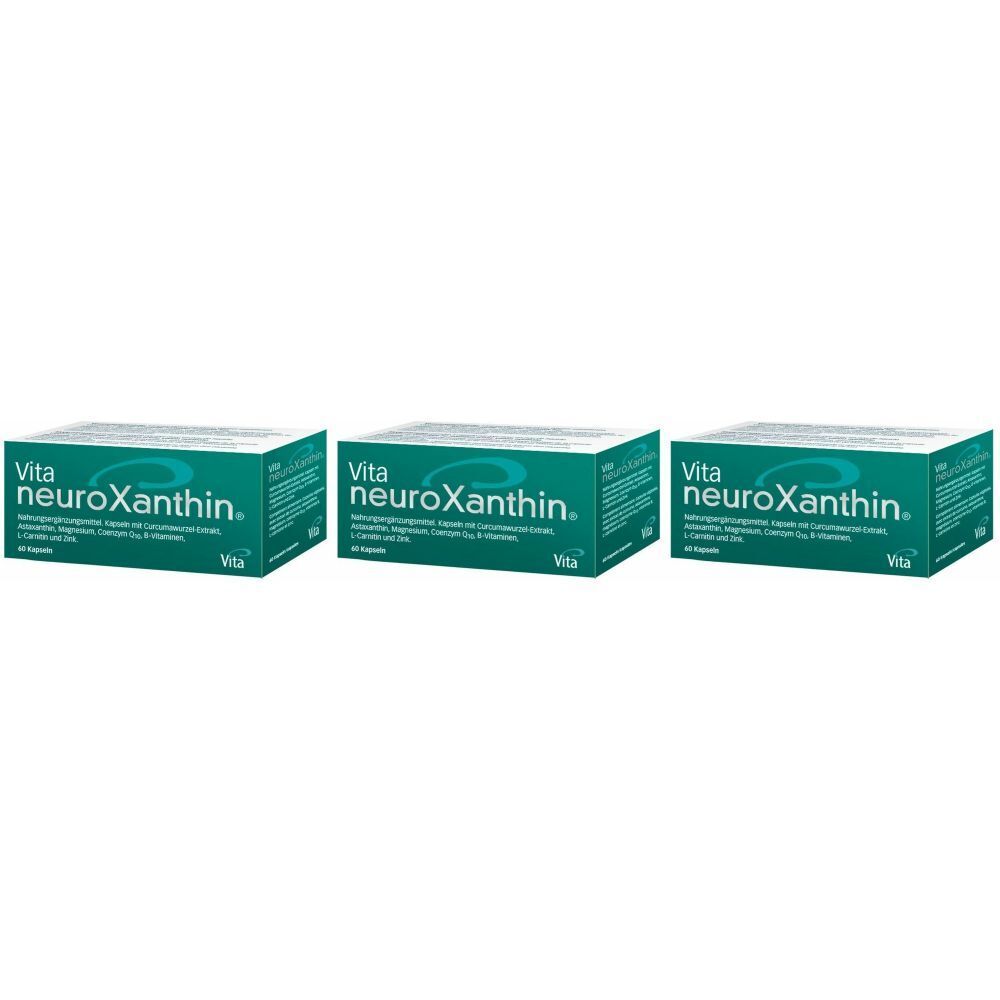 Trois boîtes Vita neuroXanthin. Emballage vert et blanc avec nom du produit et informations. 60 gélules.