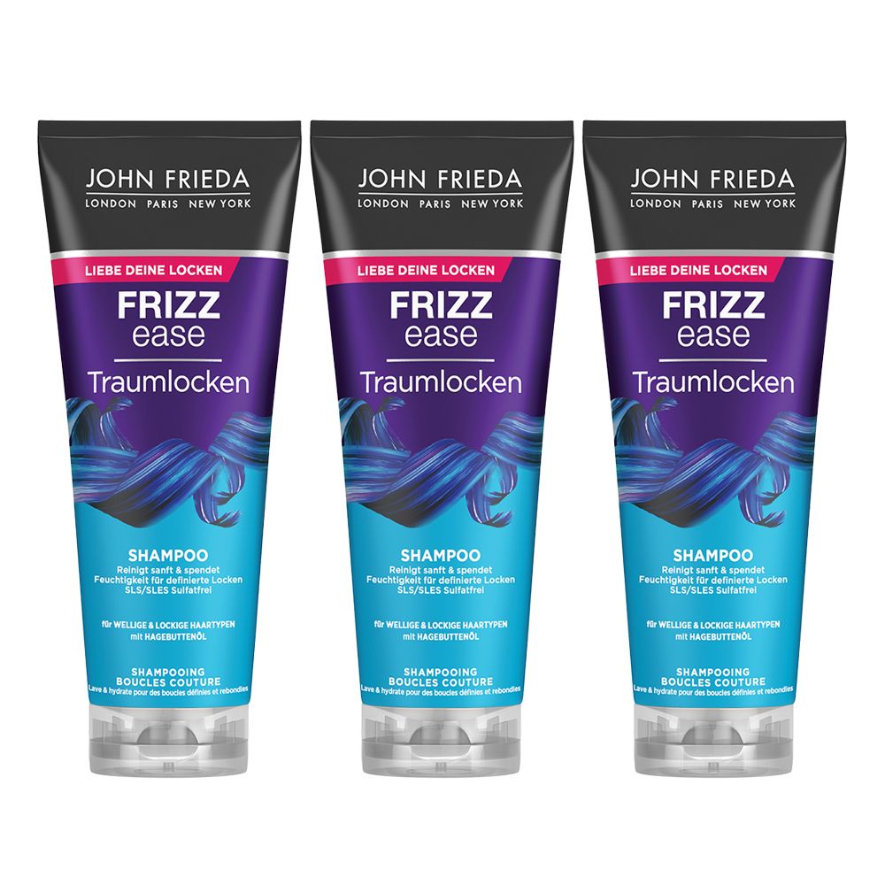Trois tubes de shampooing JOHN FRIEDA Frizz Ease Traumlocken. Design violet et bleu avec nom et logo.