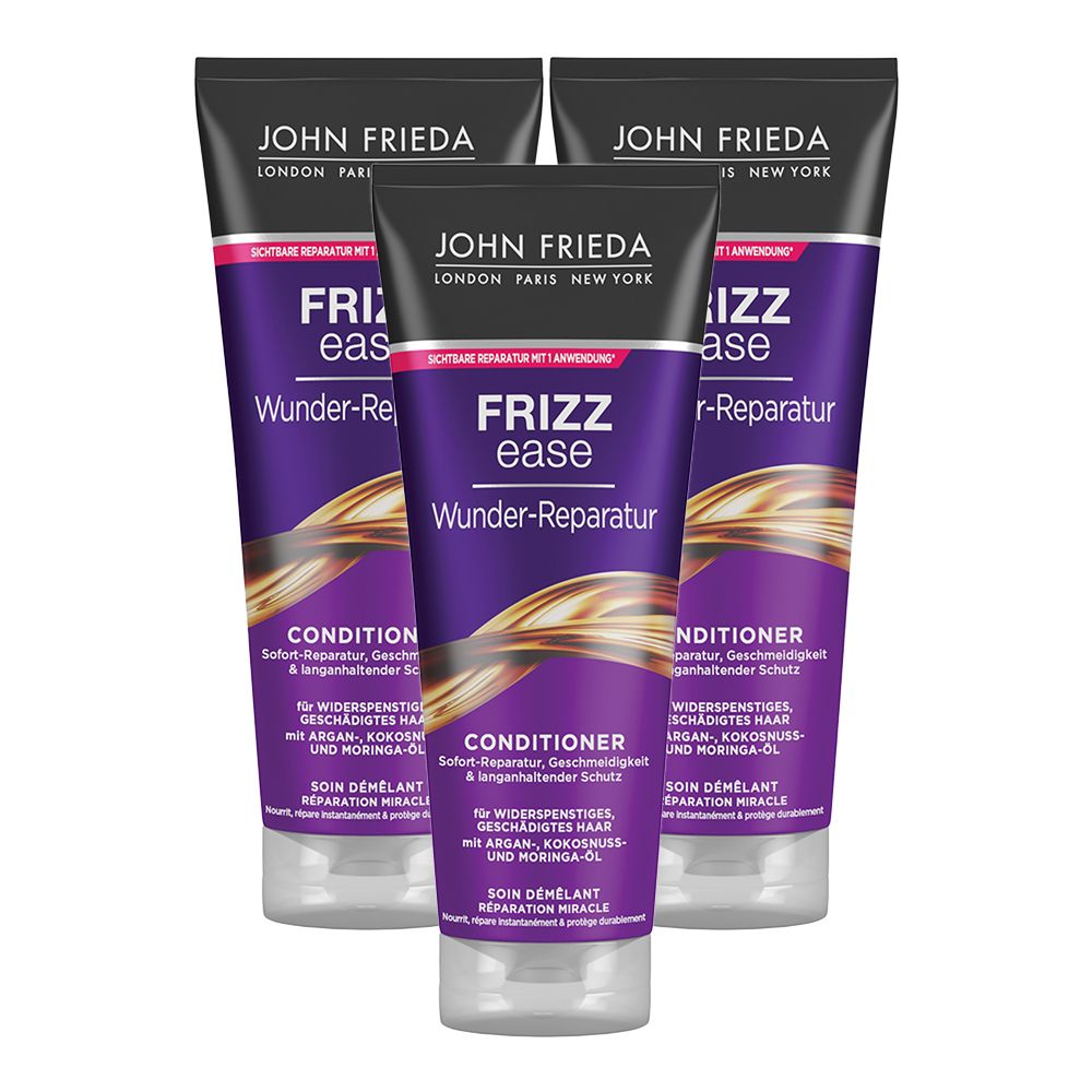 Trois tubes de revitalisant JOHN FRIEDA Frizz Ease Wunder-Reparatur. Tubes violets avec texte blanc et accents dorés. Nom du produit visible.