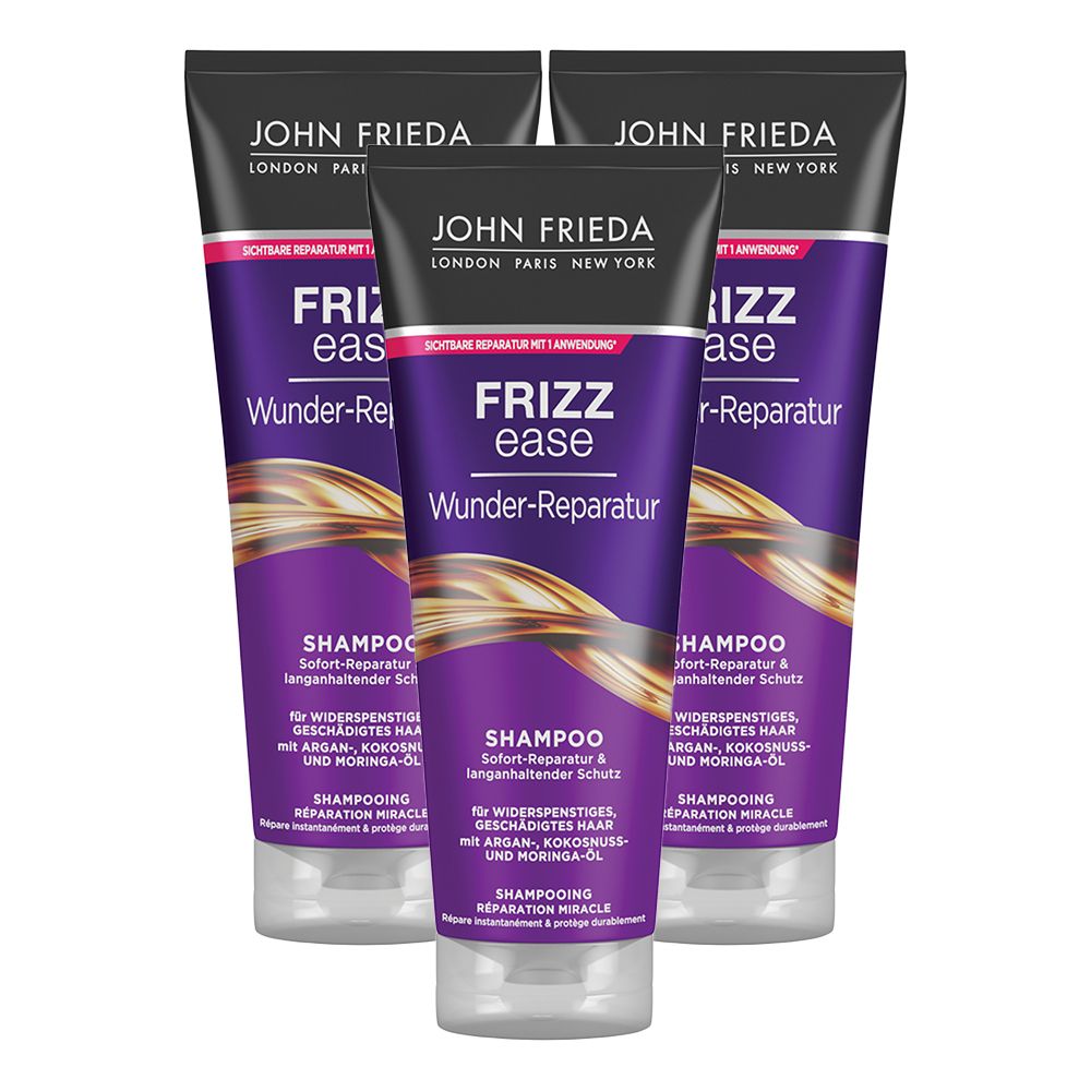 Trois tubes de shampooing violets et dorés. Inscription : JOHN FRIEDA, Frizz Ease Wunder-Reparatur Shampoo. Pour cheveux rebelles.