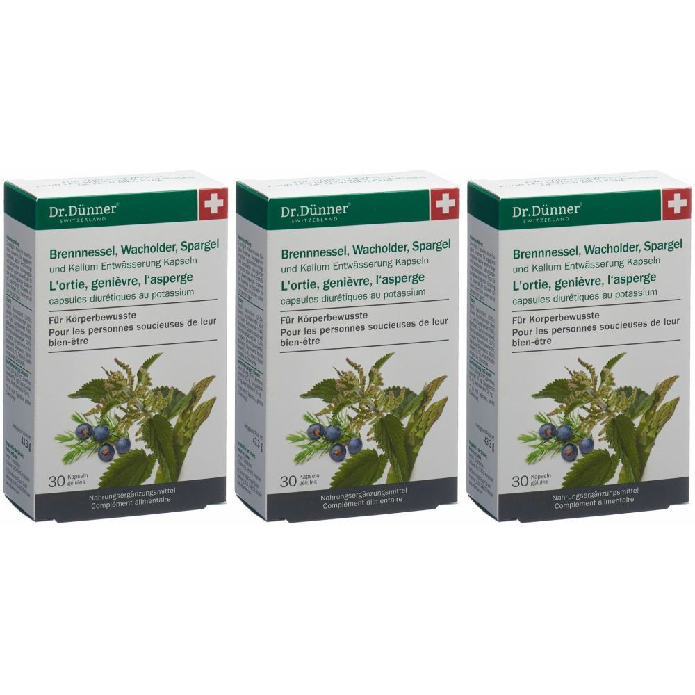 Trois boîtes avec impression du produit. Inscription : Dr. Dünner, Brennnessel, Wacholder, Spargel. Illustration de plantes et de baies.