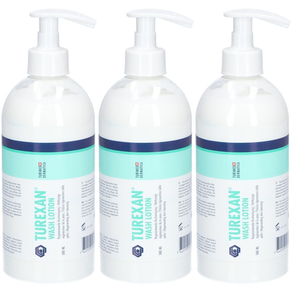 Trois flacons de lotion lavante TUREXAN® avec distributeur blanc. Bandes bleues et turquoise sur les flacons. Texte: Lotion lavante.