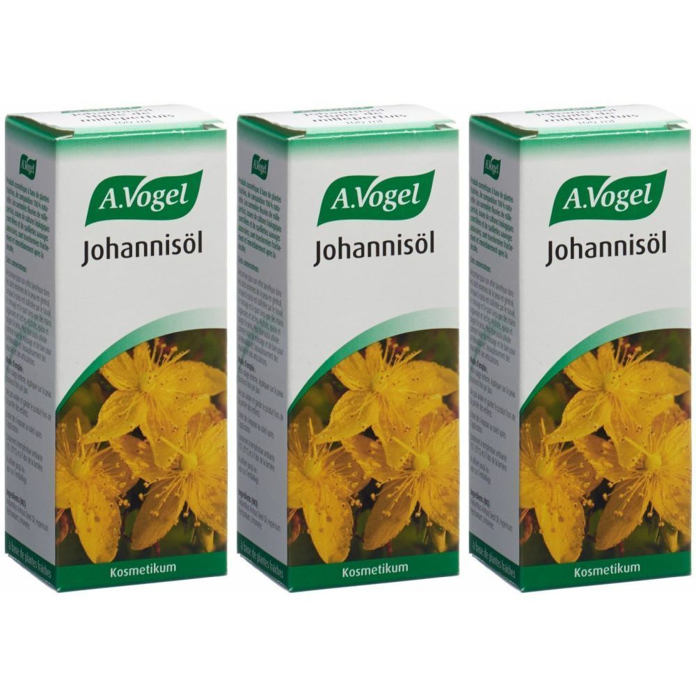 Trois boîtes de A. Vogel Johannisöl. Emballage blanc avec logo vert et fleurs jaunes. Inscription Johannisöl.