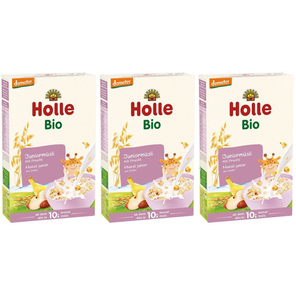 Trois boîtes de Holle Bio Juniormüsli. Chaque boîte indique "Holle Bio Juniormüsli mit Frucht ab dem 10. Monat".