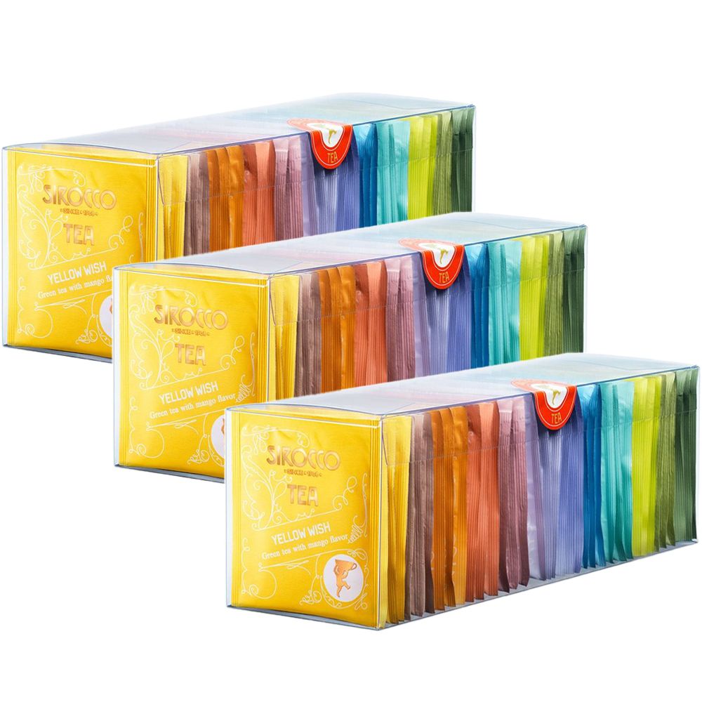 Trois boîtes transparentes de sachets de thé. Emballage jaune avec impression. Sachets de thé colorés dans les boîtes. Fermeture rouge.