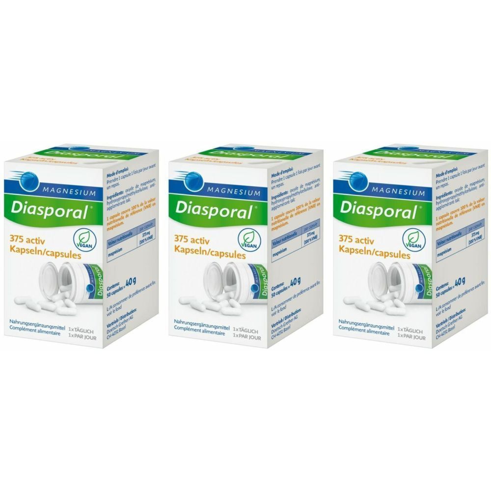 Trois boîtes de Magnesium Diasporal 375 activ capsules. Capsules blanches devant un flacon ouvert. Label végan.
