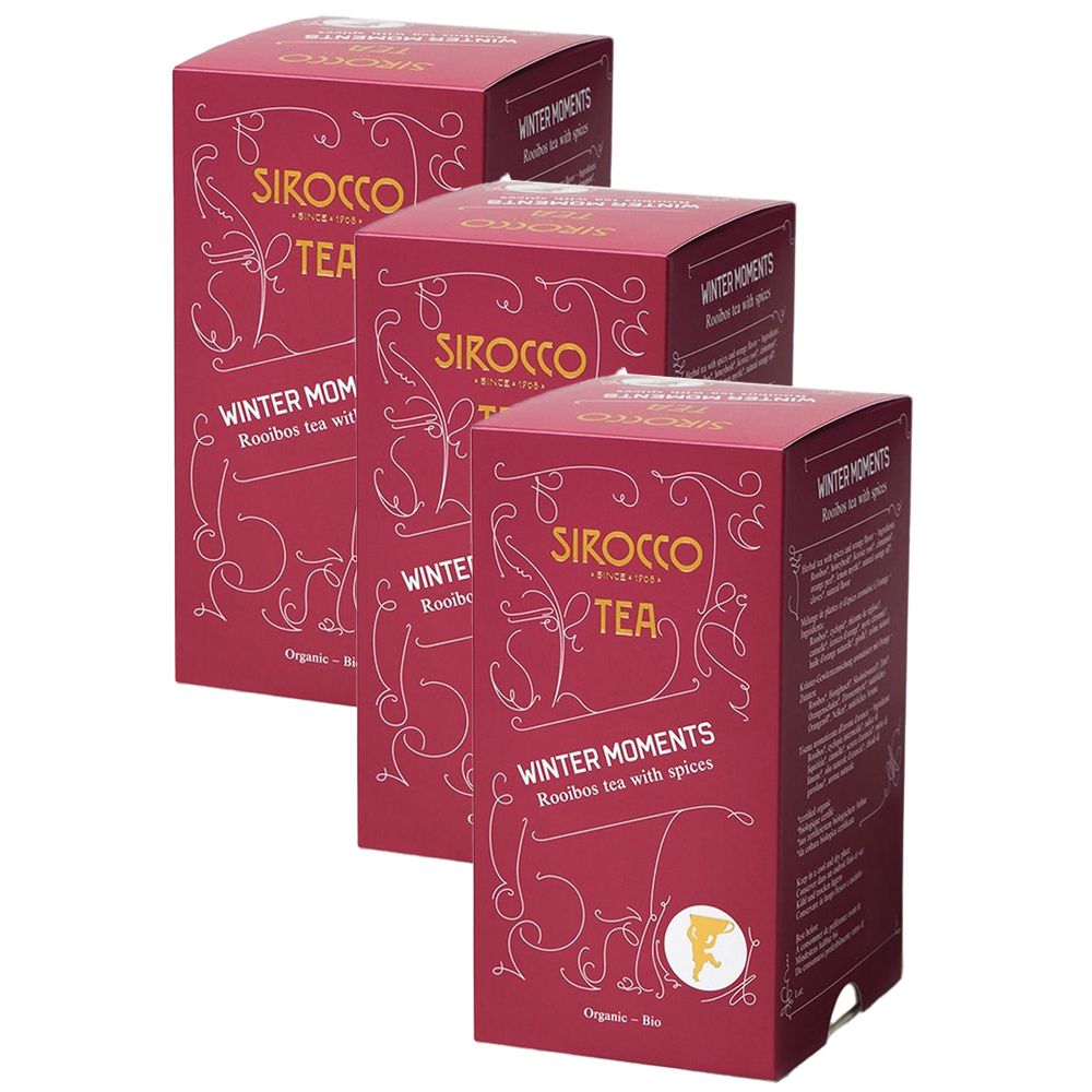 Trois boîtes rouges. Inscription: SIROCCO TEA, WINTER MOMENTS. Rooibos tea with spices. Label bio.